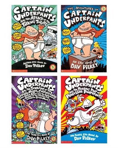 Captain Underpants Movie Box Set 1-4 featuring George and Harold's hilarious adventures and bad-guy battles in four books.