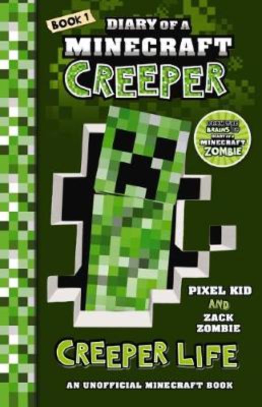 Cover of 'Diary of a Minecraft Creeper #1', featuring Jasper the Creeper in a vibrant Minecraft landscape.