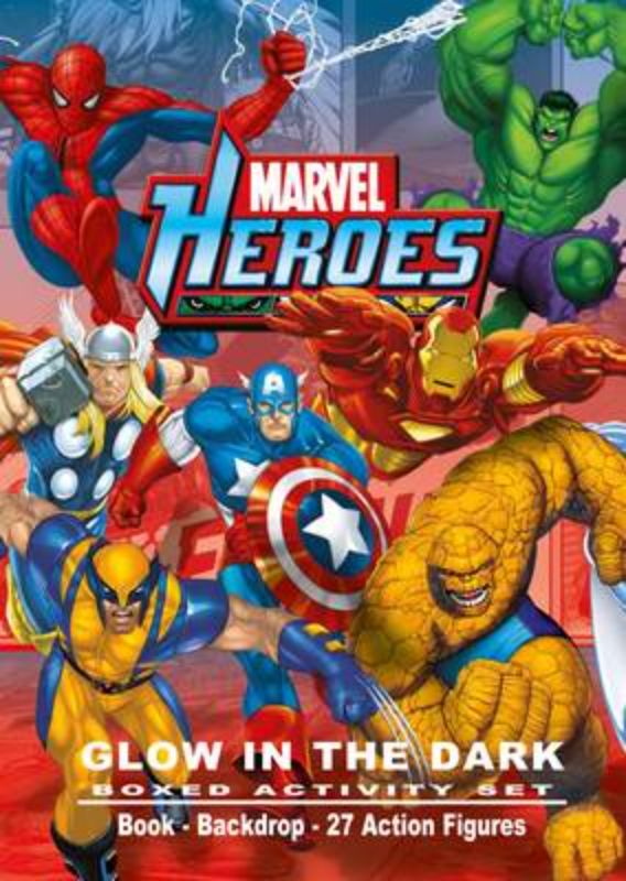 Marvel Heroes Glow in the Dark Boxed Set with characters, fact file, and display backdrop for imaginative play.