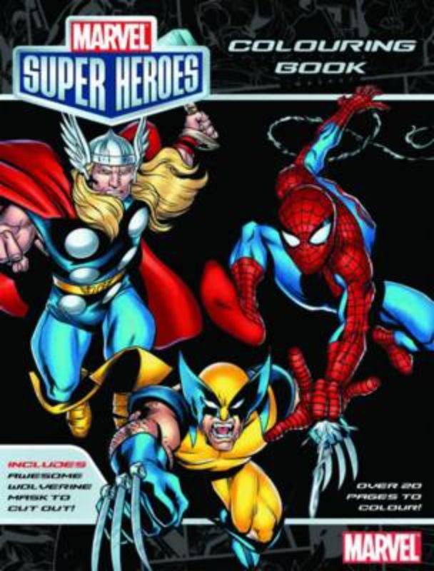 Coloring book featuring Marvel superheroes with 24 pages and a cut-out Wolverine mask for fun creative play.