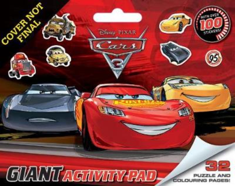 Giant Cars 3 activity pad featuring puzzles and coloring pages with Lightning McQueen and friends for creative fun.