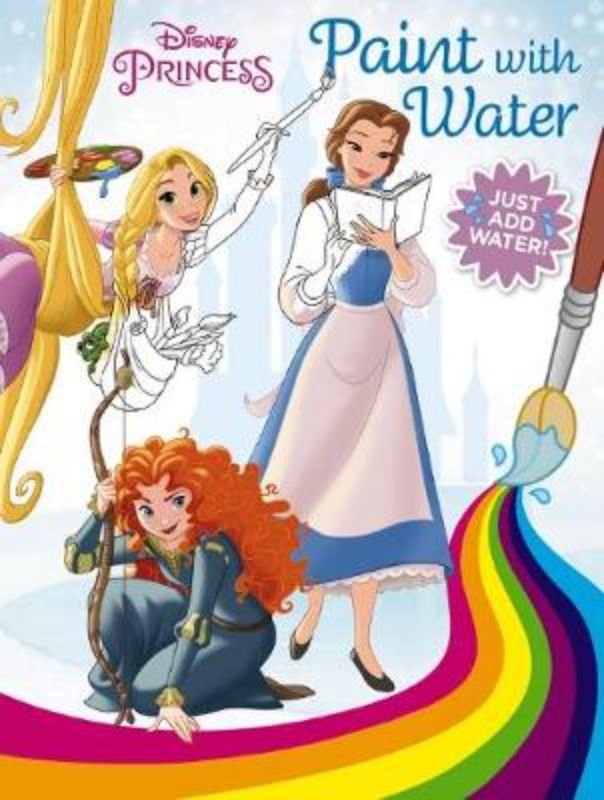 Children painting Disney Princess characters with watercolors in a fun and creative art book.