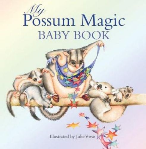 A colorful hardback baby book featuring 'Possum Magic' characters, perfect for recording precious memories and enchanting stories.