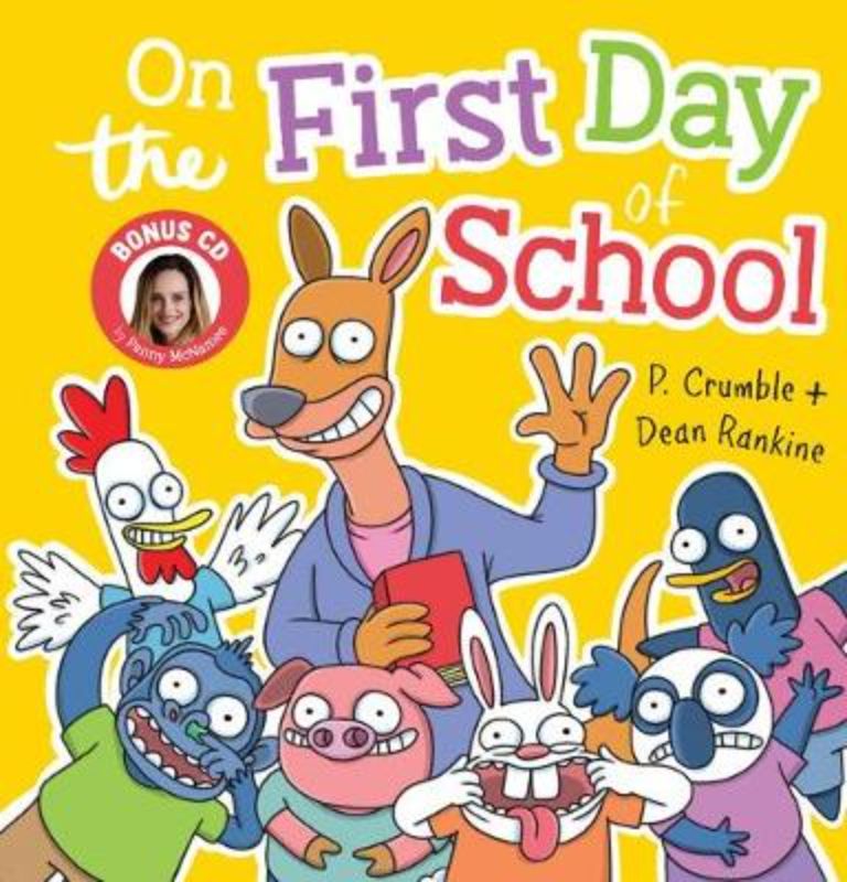 Colorful children's book 'On the First Day of School' with CD, celebrating school spirit and emotional expression for young readers.