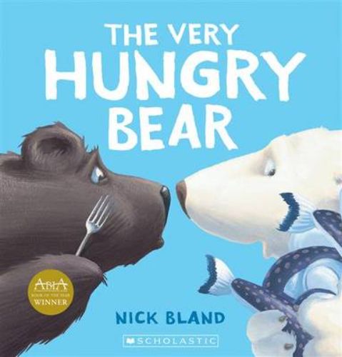 Children's book featuring the Very Hungry Bear on a fishing adventure with vibrant illustrations and engaging story.