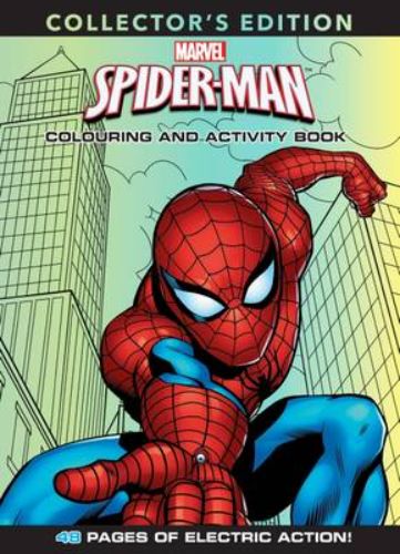 Spider-Man Deluxe Colouring and Activity Book featuring vibrant illustrations, puzzles, and a cut-out activity for kids.
