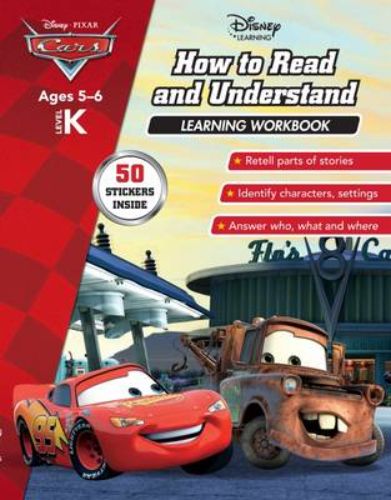 Interactive Disney Cars workbook for early learners, featuring addition, subtraction, reading, and vocabulary activities.