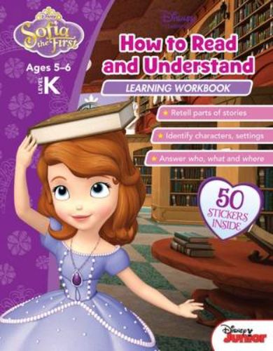 Colorful educational workbook featuring Disney's Sofia the First, designed for preschool and kindergarten literacy skills.