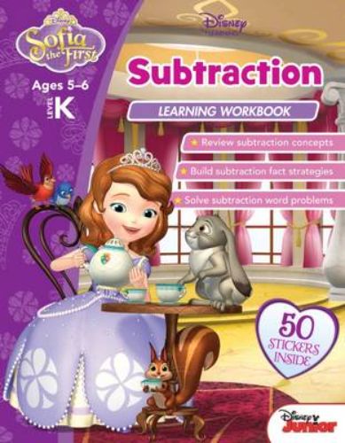 Engaging workbook with Disney Sofia characters for kindergarten students to master subtraction skills through fun activities.