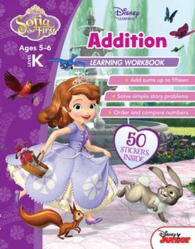 Disney Sofia the First Addition Workbook Level K for preschoolers, featuring colorful illustrations and fun math activities.
