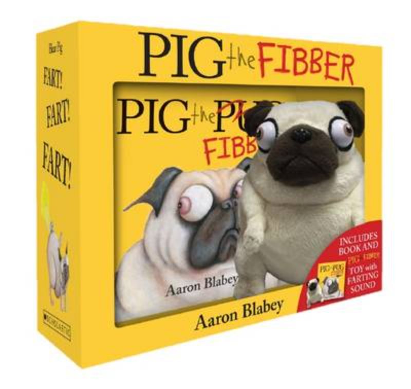 Boxed set of Pig the Fibber books with a plush Pig toy, perfect for kids aged 3 to 7, promoting laughter and reading.