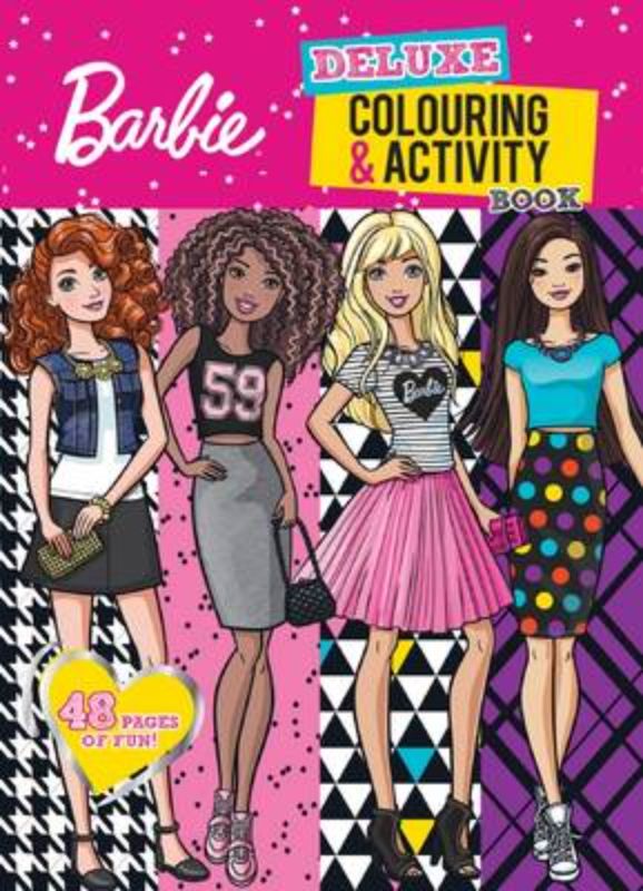 Barbie Deluxe Colouring and Activity Book featuring 48 pages of coloring, puzzles, and activities for imaginative play.
