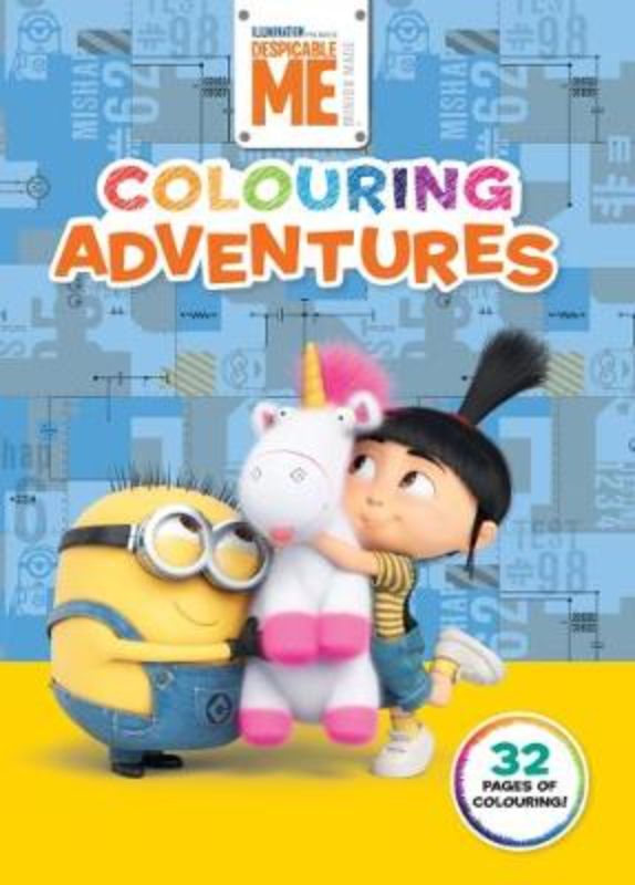 Colorful 'Despicable Me: Colouring Adventures' book with 32 pages featuring Gru and Minions for kids' creative fun.
