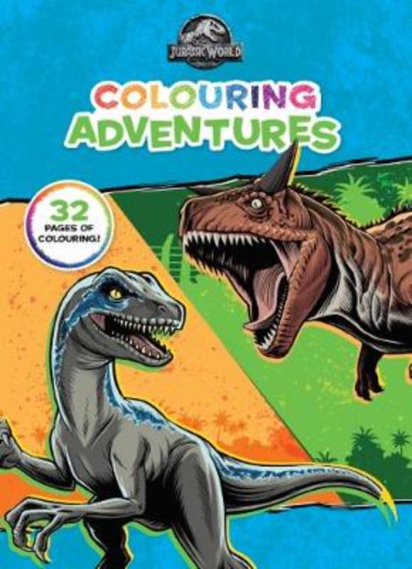 Jurassic World colouring book with 32 pages featuring dinosaurs, designed for kids to spark creativity and fine motor skills.