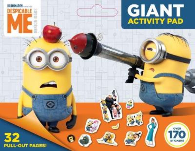 Giant Despicable Me activity pad with 32 pages for coloring and puzzles, featuring a cut-out handle for portability.