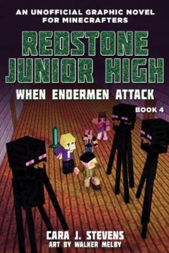 Cover of *When Endermen Attack*, featuring characters Pixel, Sky, and Uma amidst a snowy school landscape hinting at adventure.