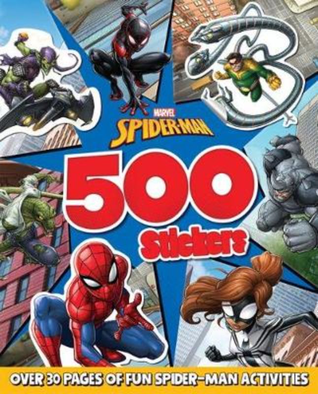 Colorful Spider-Man sticker book with 500 stickers, puzzles, and activities for hours of creative fun.