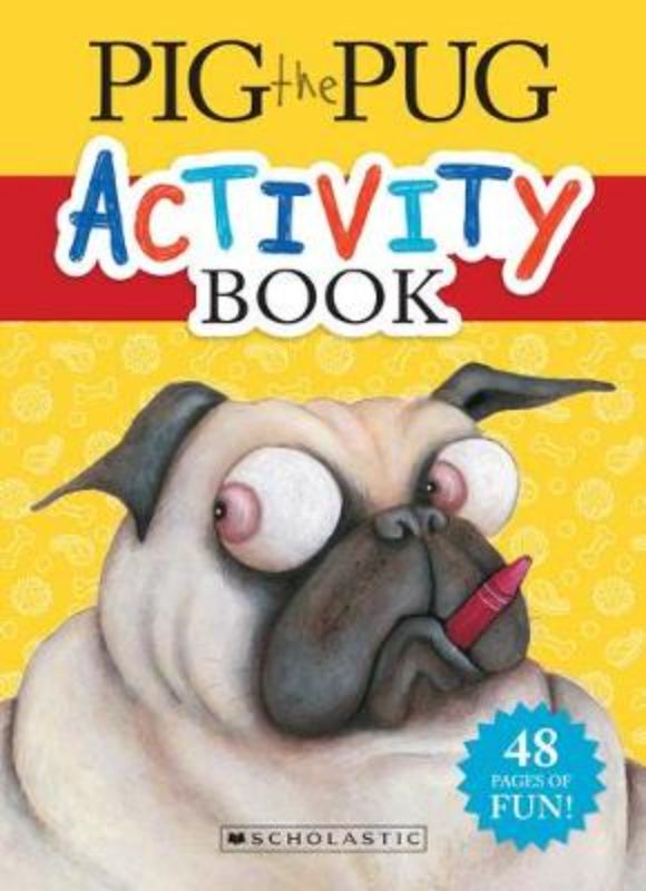Colorful Pig the Pug Activity Book featuring 48 pages of puzzles, mazes, and creative exercises for children.