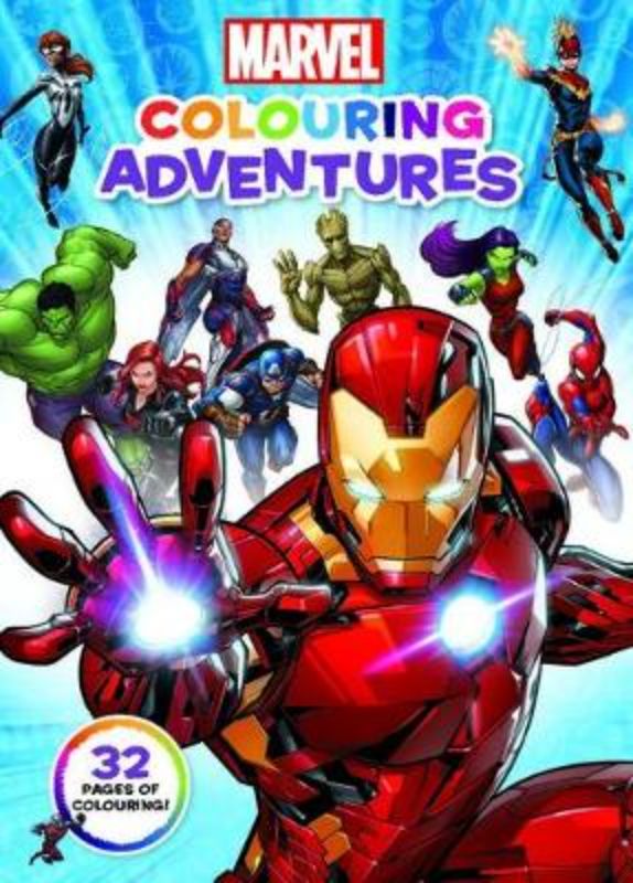 Coloring book featuring 32 pages of Marvel superheroes and villains for kids' creative fun and artistic expression.