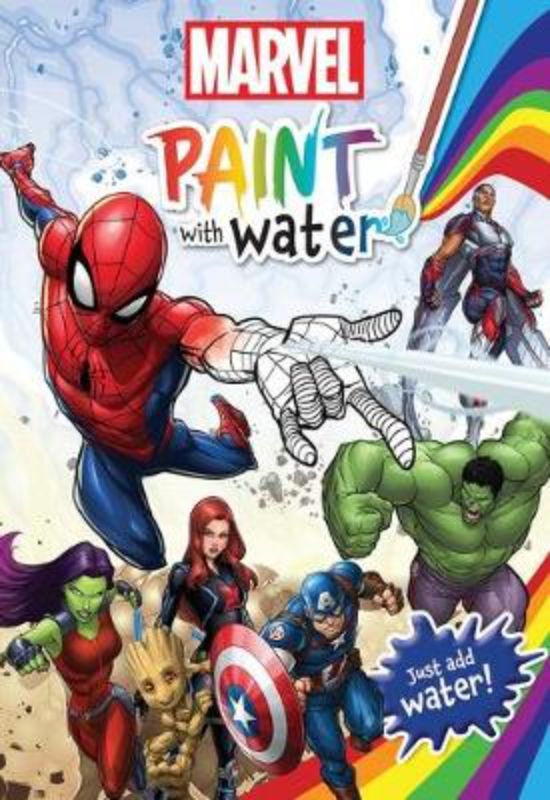 Marvel: Paint with Water book featuring 32 pages for kids to color superheroes using just water and a brush.