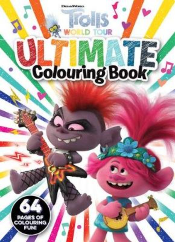 Colorful Trolls World Tour colouring book with 64 pages of beloved characters, perfect for young artists and creative fun.