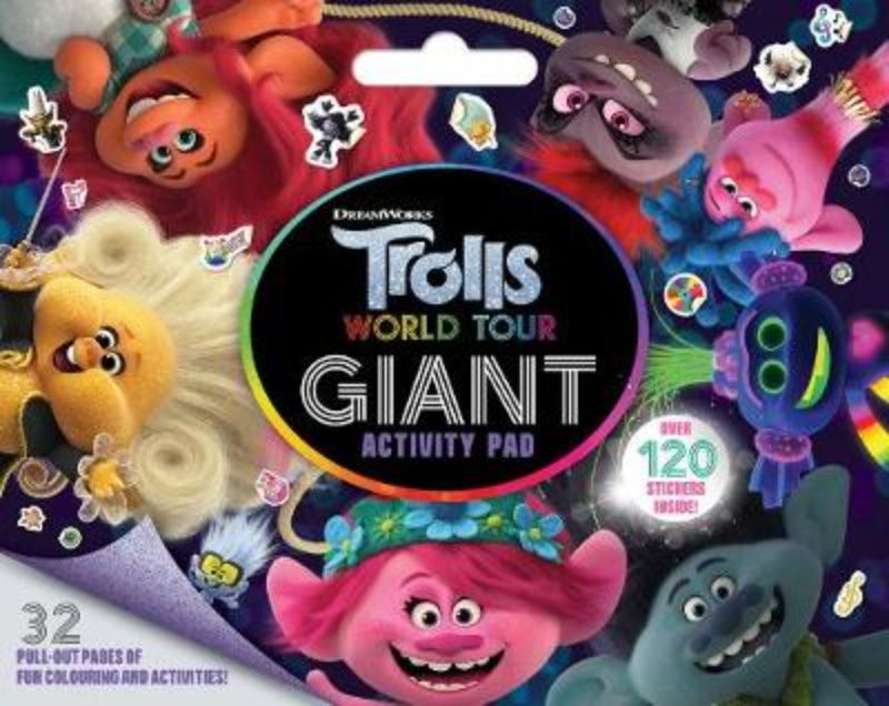 Giant Trolls World Tour activity pad with 32 colorful pages, stickers, and a carry handle for creative fun on-the-go.