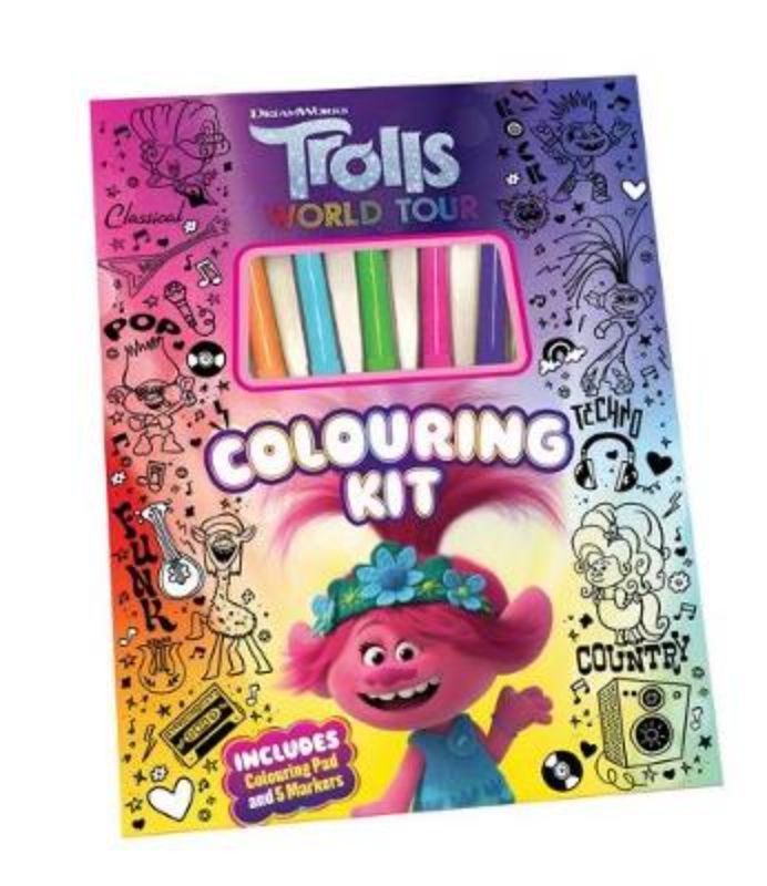 Trolls World Tour Colouring Kit with 5 vibrant markers and 48 easy tear-out pages for creative fun and fine motor skill development.