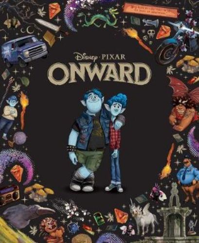Beautiful hardcover book of Disney Pixar's Onward, featuring illustrated adventures of elf brothers with gold foiling and a ribbon bookmark.