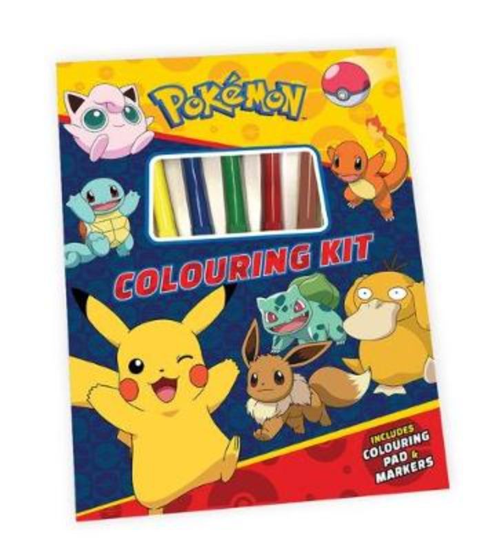 Colorful Pokemon Colouring Kit with 48 tear-out pages and 5 vibrant markers for creative fun and artistic expression.