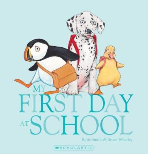 A colorful board book featuring cheerful animal characters experiencing their first day of school, perfect for kids.