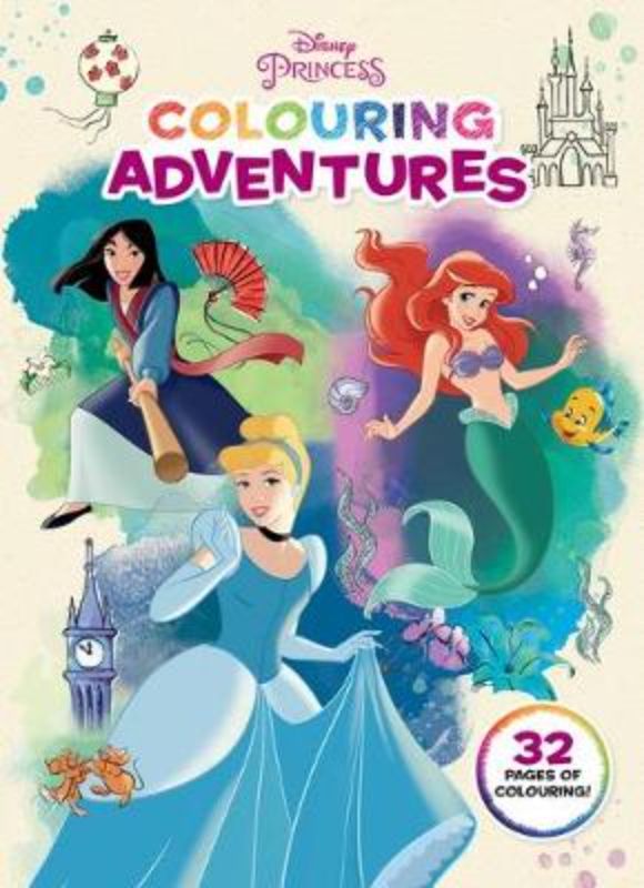 Coloring book featuring Disney Princesses like Cinderella and Ariel, with 32 pages of vibrant illustrations for kids.