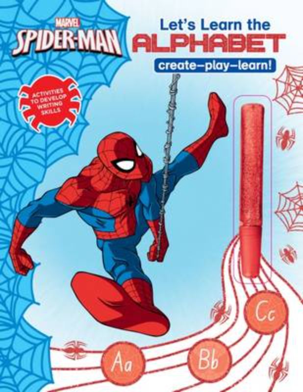 Interactive Spider-Man alphabet activity book for preschoolers, includes Cool Glue Pen for creative learning.