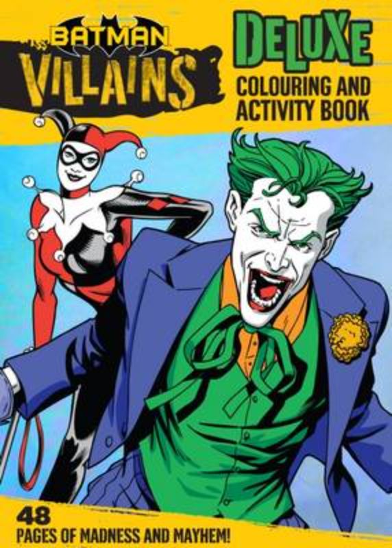 Colouring and activity book featuring DC Comics villains like Joker and Harley Quinn, with puzzles and mazes for all ages.
