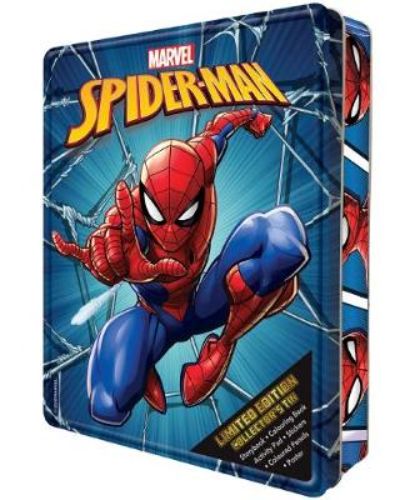Vibrant Marvel Spider-Man Collector's Tin with storybook, coloring book, pencils, stickers, and poster for fans.