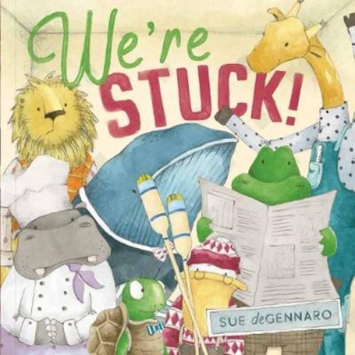 A hardcover children's book featuring Turtle, Crocodile, and Giraffe stuck in a lift, needing to reach their destinations.