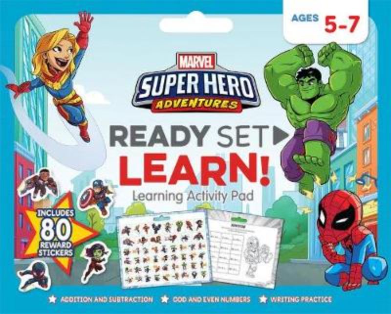 Giant activity pad for kids 5-7 featuring Iron Man and Spider-Man with math, spelling, puzzles, and coloring activities.