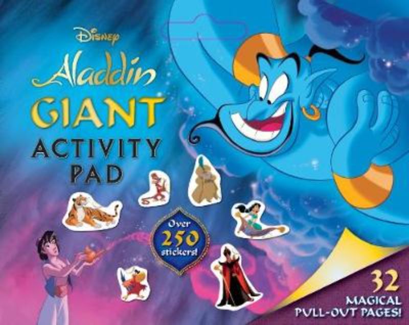 Disney Aladdin Giant Activity Pad for kids, featuring 32 pages of fun activities and vibrant illustrations for creative play.