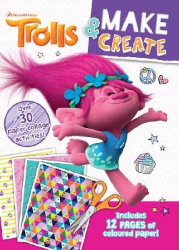Activity book featuring Trolls characters Poppy and Branch with creative tasks for kids, promoting fun and imagination.