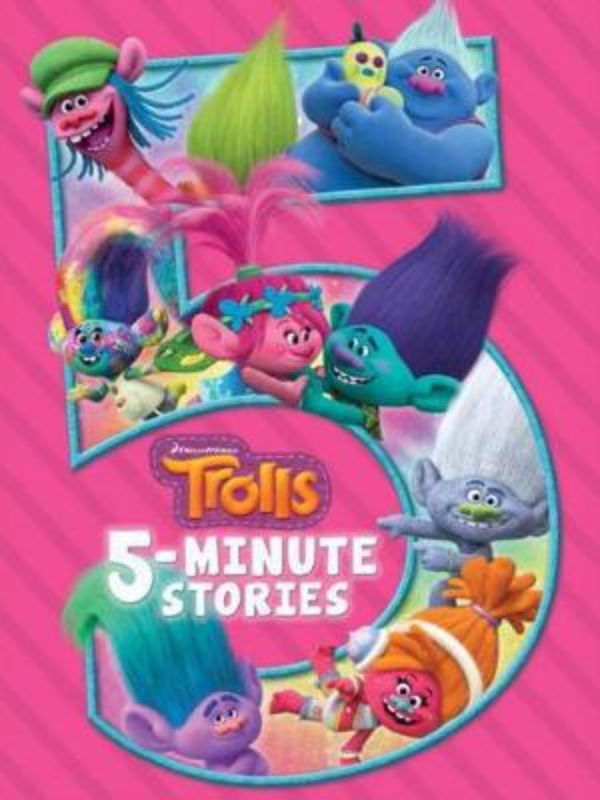 Hardback picture book 'Trolls: 5 Minute Stories' featuring colorful tales with Poppy, Branch, and friends, perfect for family reading.