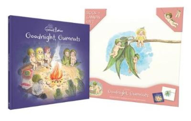 Illustrated children's book and canvas set featuring Snugglepot and Cuddlepie for bedtime storytelling and nursery decor.