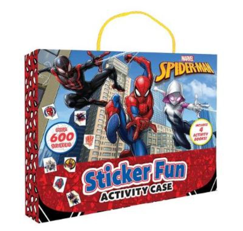 Spider-Man activity case with 4 vibrant sticker books for kids, promoting creativity and imaginative play on-the-go.