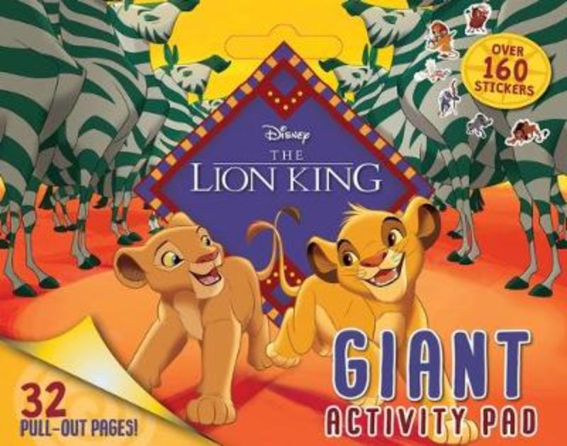 Giant Lion King activity pad for kids, featuring 32 pages of coloring and fun with Simba, Timon, and Pumbaa, with carry handle.