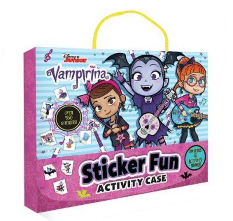 Vampirina Sticker Fun Activity Case with 4 sticker books and extra sheets, designed for kids' creativity and portability.