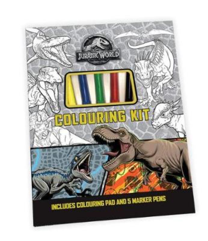 Jurassic World Colouring Kit featuring a 48-page pad and five markers for creative dinosaur-themed art activities.