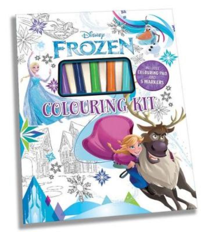 Disney Frozen Colouring Kit for kids, featuring 48 pages and 5 markers for creative fun with Elsa, Anna, and Olaf.