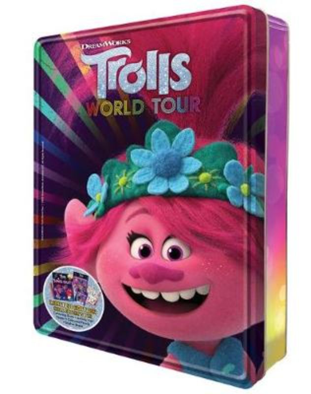 Colorful Trolls World Tour Happy Tin with storybook, activity book, coloring book, poster, and markers for endless creativity.