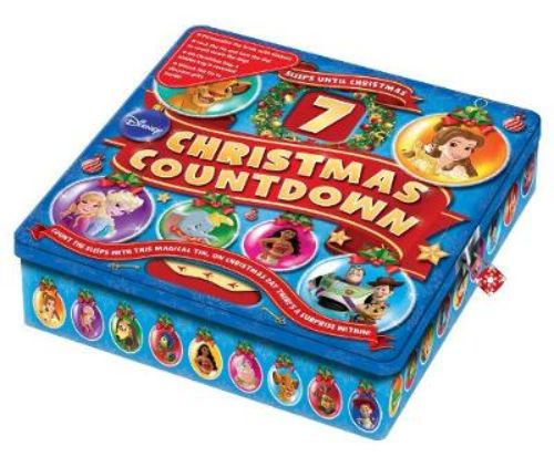 Disney Christmas Countdown Tin featuring an interactive dial, stickers, postcard from Santa, and a cherished storybook treasury.