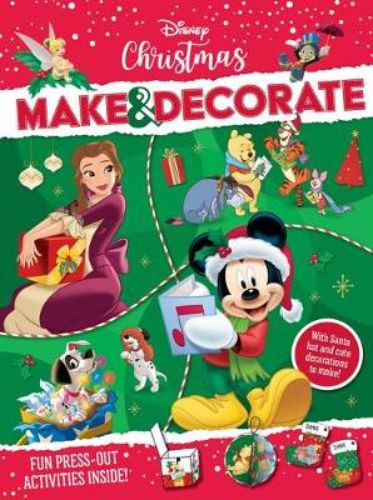 Activity book featuring Disney crafts like baubles, Santa hats, and tree toppers for festive fun.