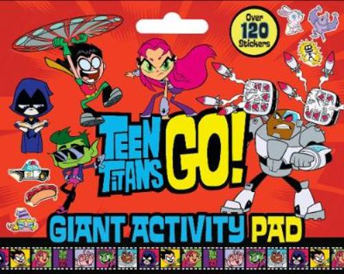 Giant activity pad for kids featuring Teen Titans characters, with puzzles, coloring pages, and stickers for creative fun.