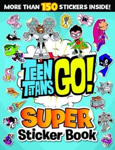 Colorful sticker book featuring Teen Titans characters with puzzles and activities for kids aged 4 and up.